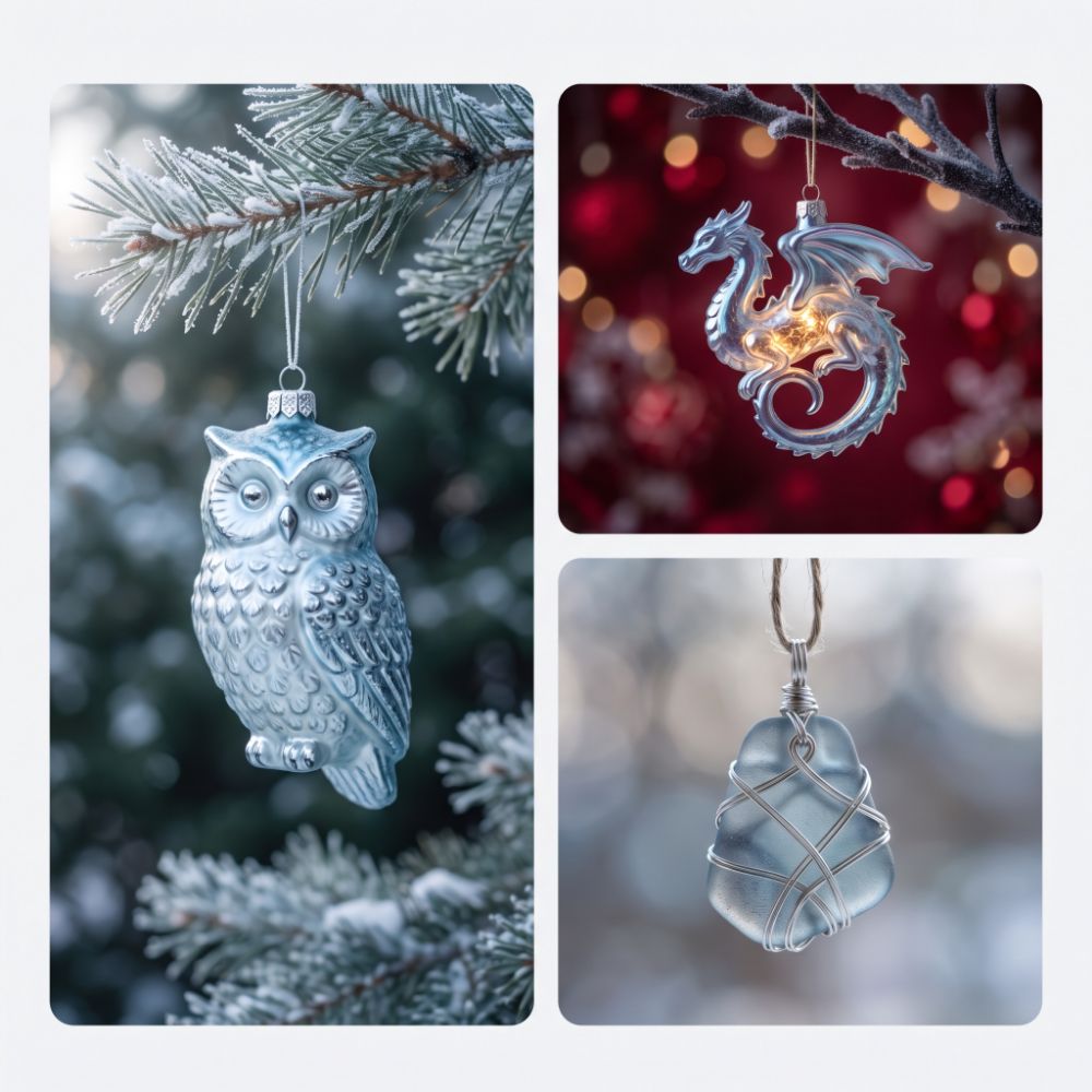 Owl, dragon and sea glass Christmas ornaments