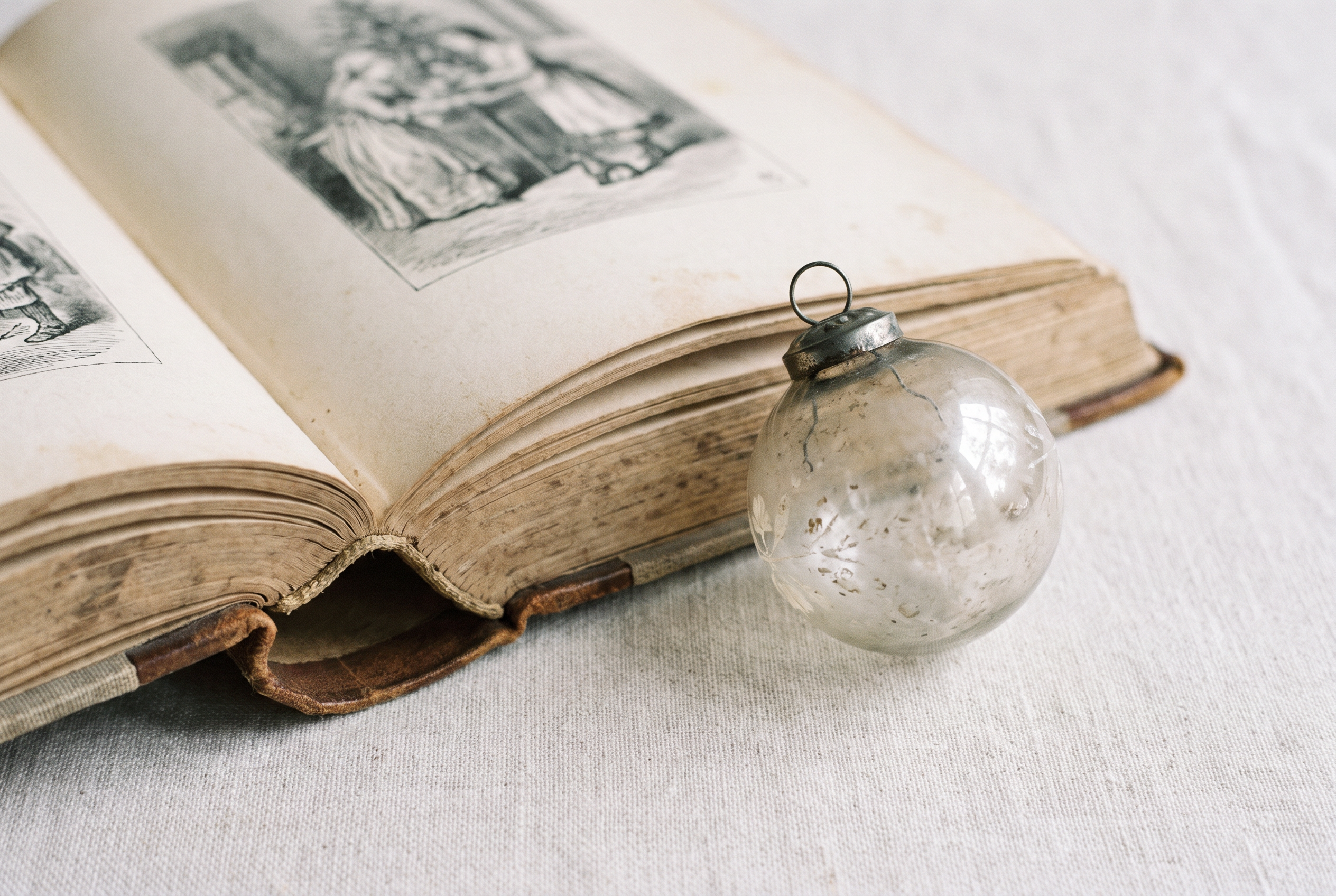 An antique book beside a vintage glass Christmas ornament