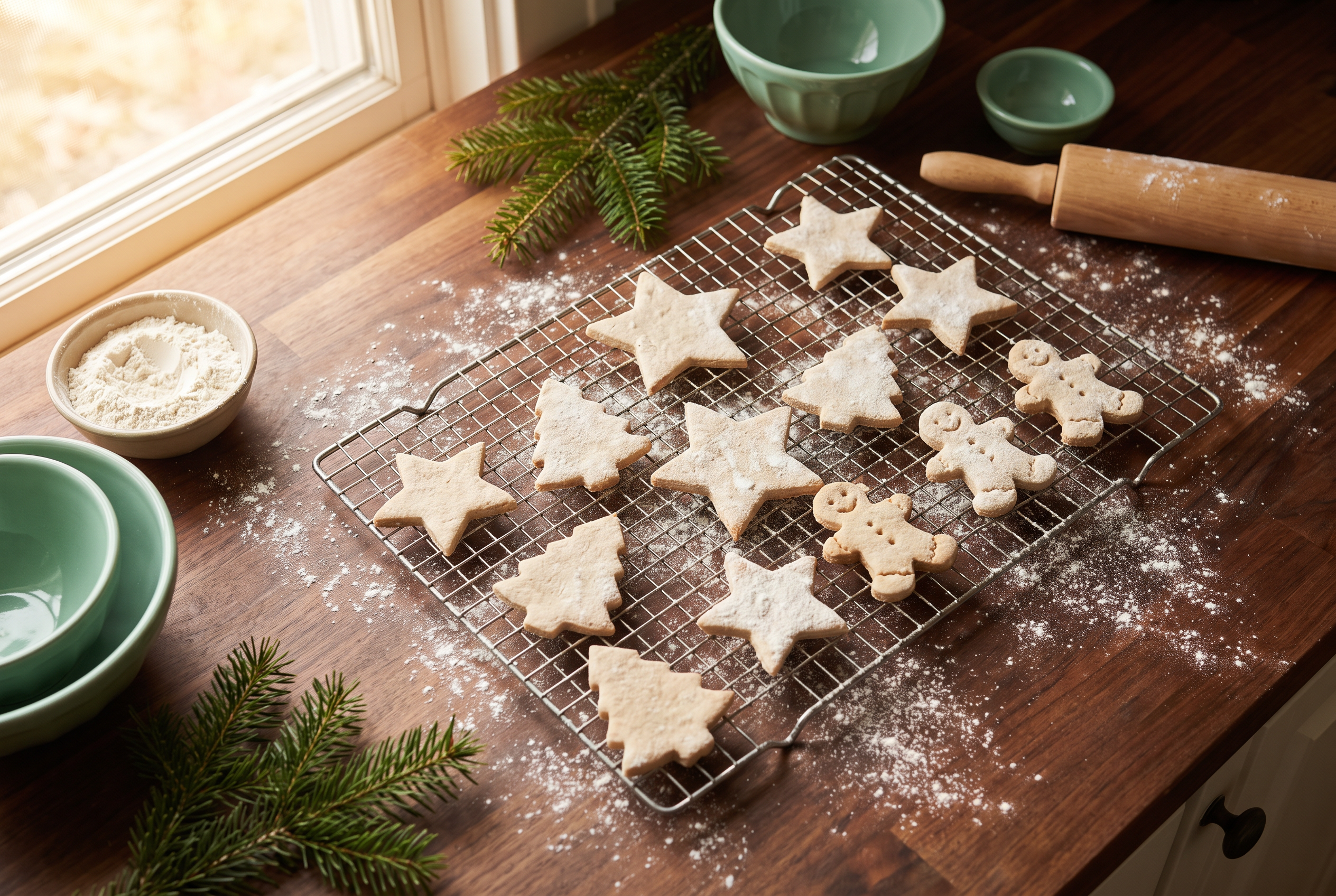 Star and tree shaped cookies cooling on a wire rack