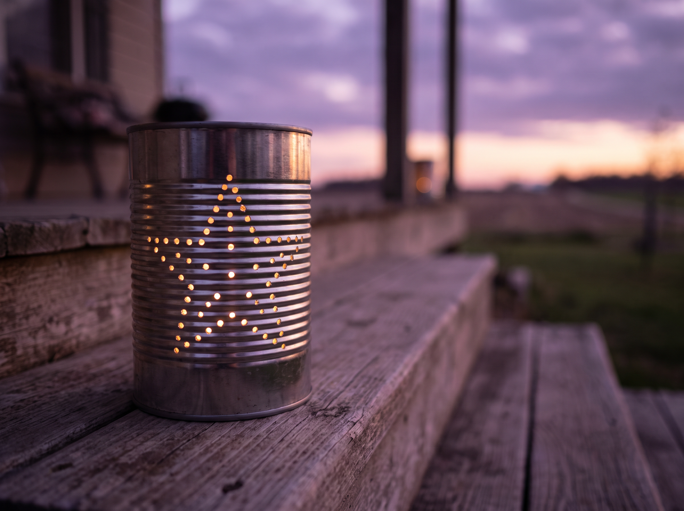 A star-punched tin can luminary glowing on a porch step