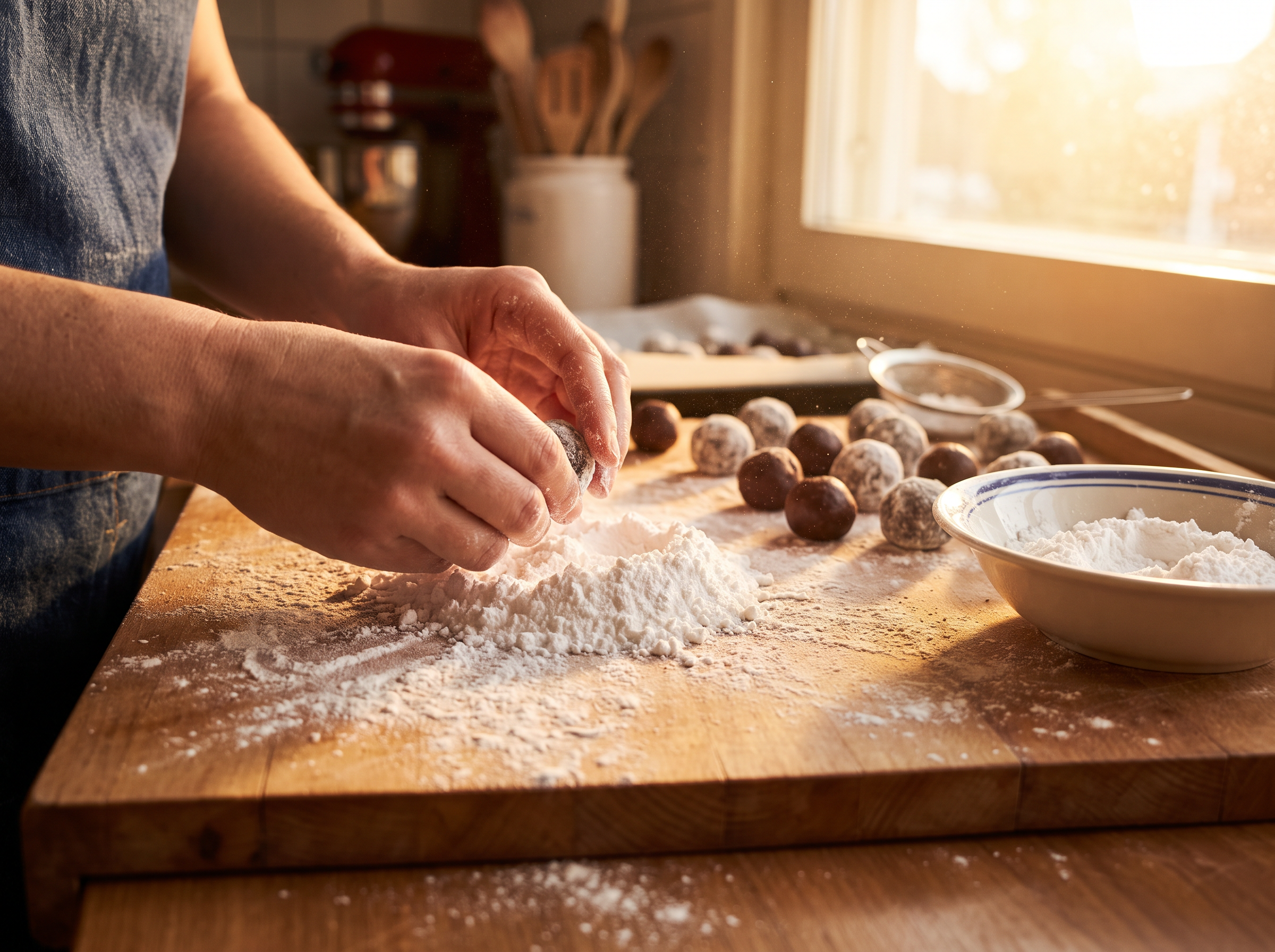 Rolling powdered-sugar candy balls on a wood board