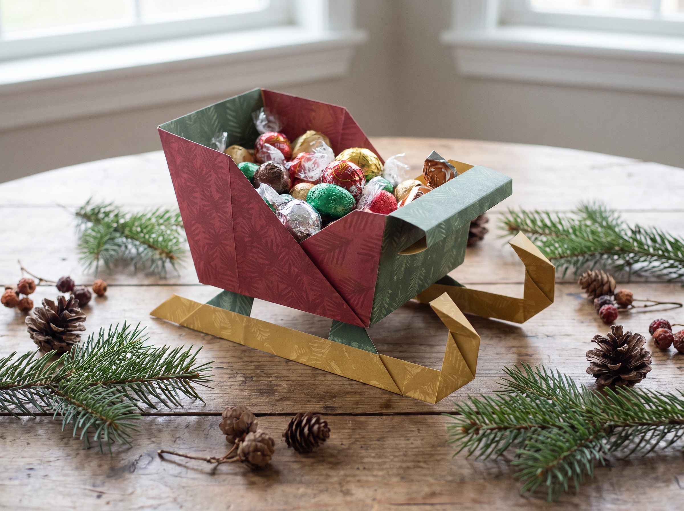 A paper craft sleigh filled with wrapped chocolate candies
