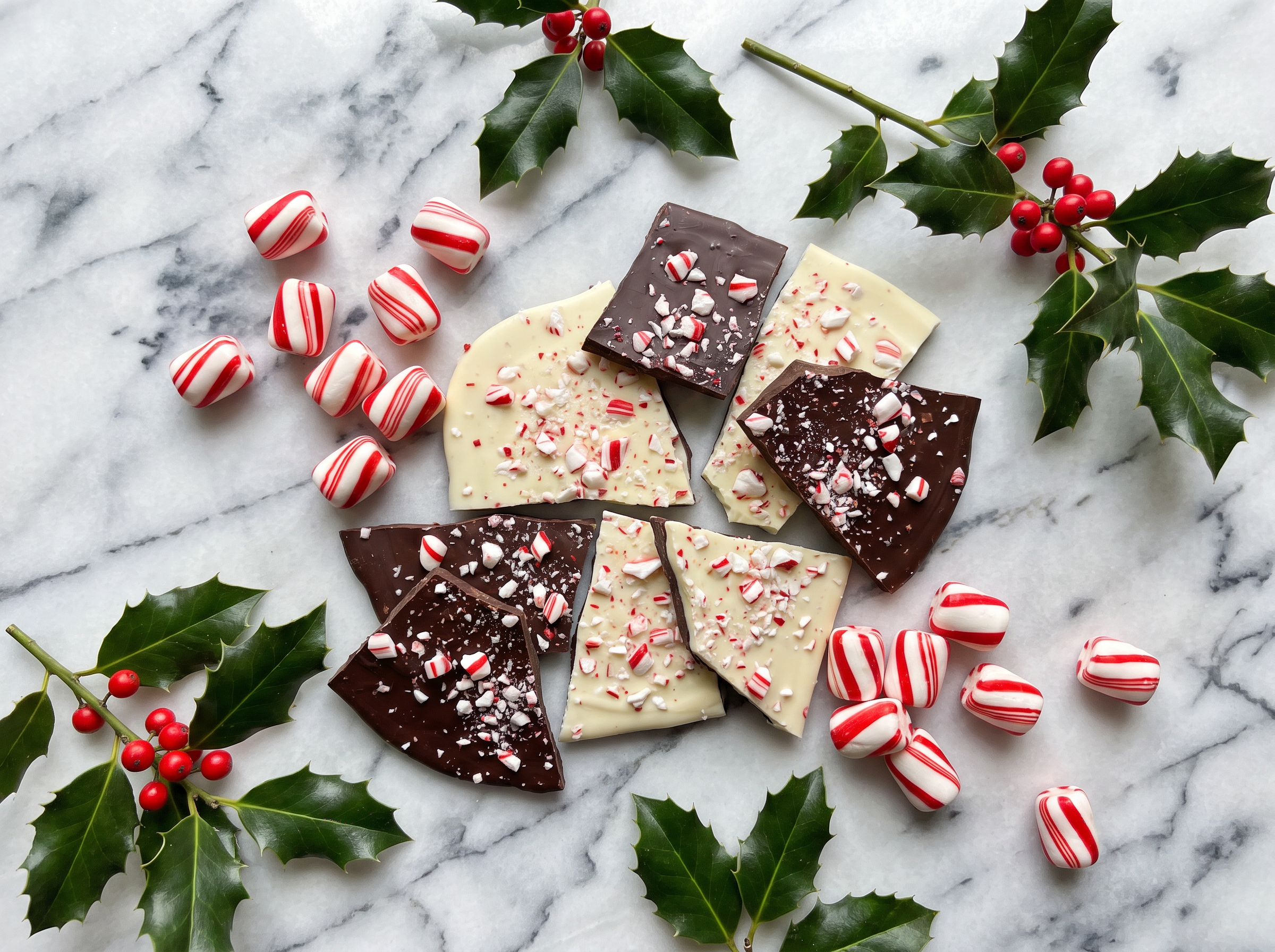 Peppermint candies and chocolate bark with holly