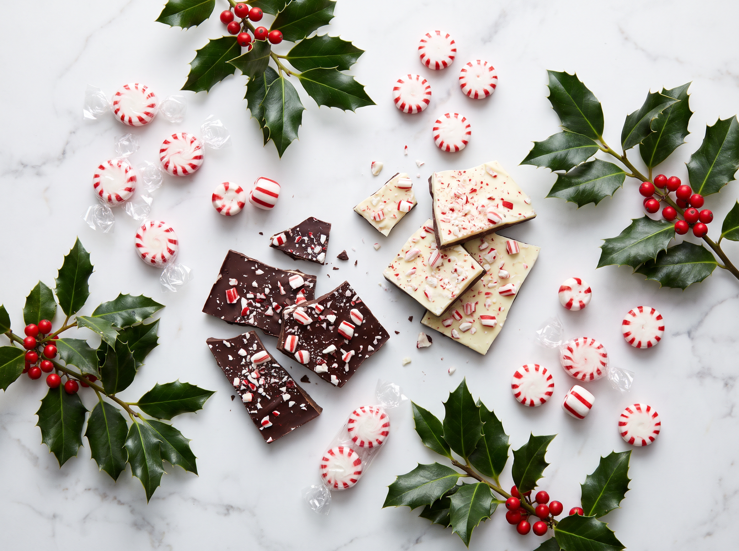 Peppermint candies and chocolate bark on a marble counter