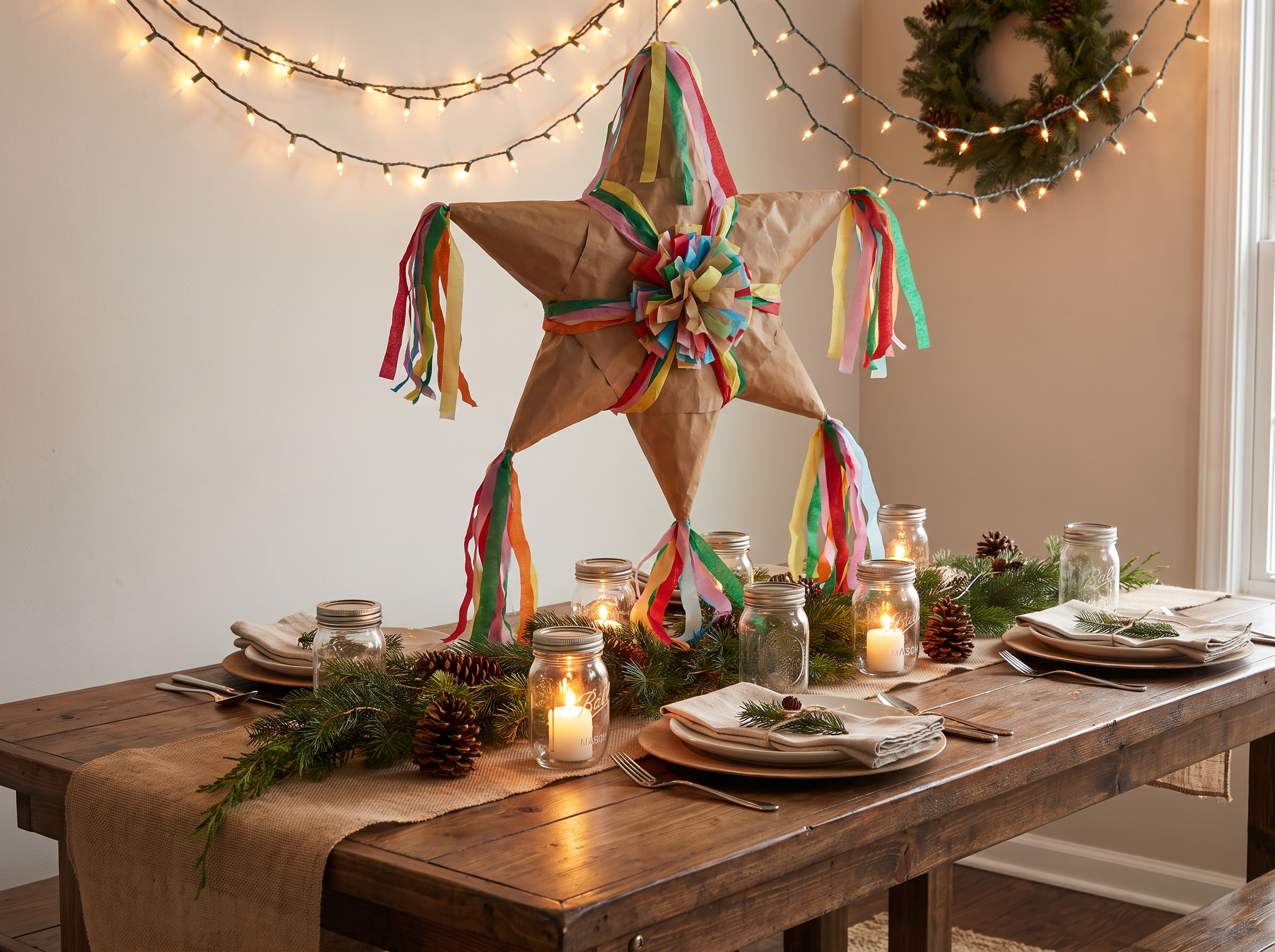 A paper star pinata with colorful streamers over a holiday table