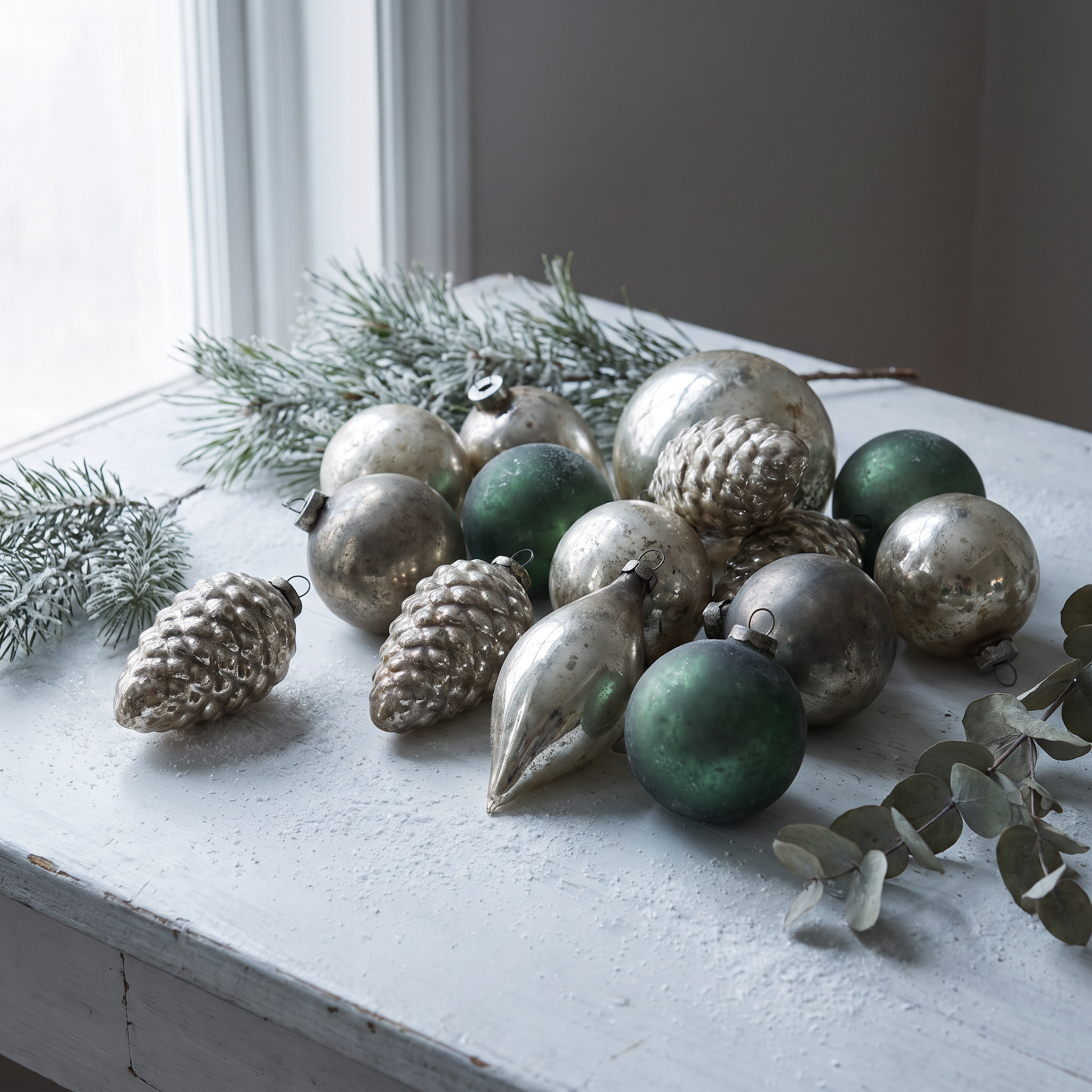 A collection of vintage silver and green glass Christmas ornaments