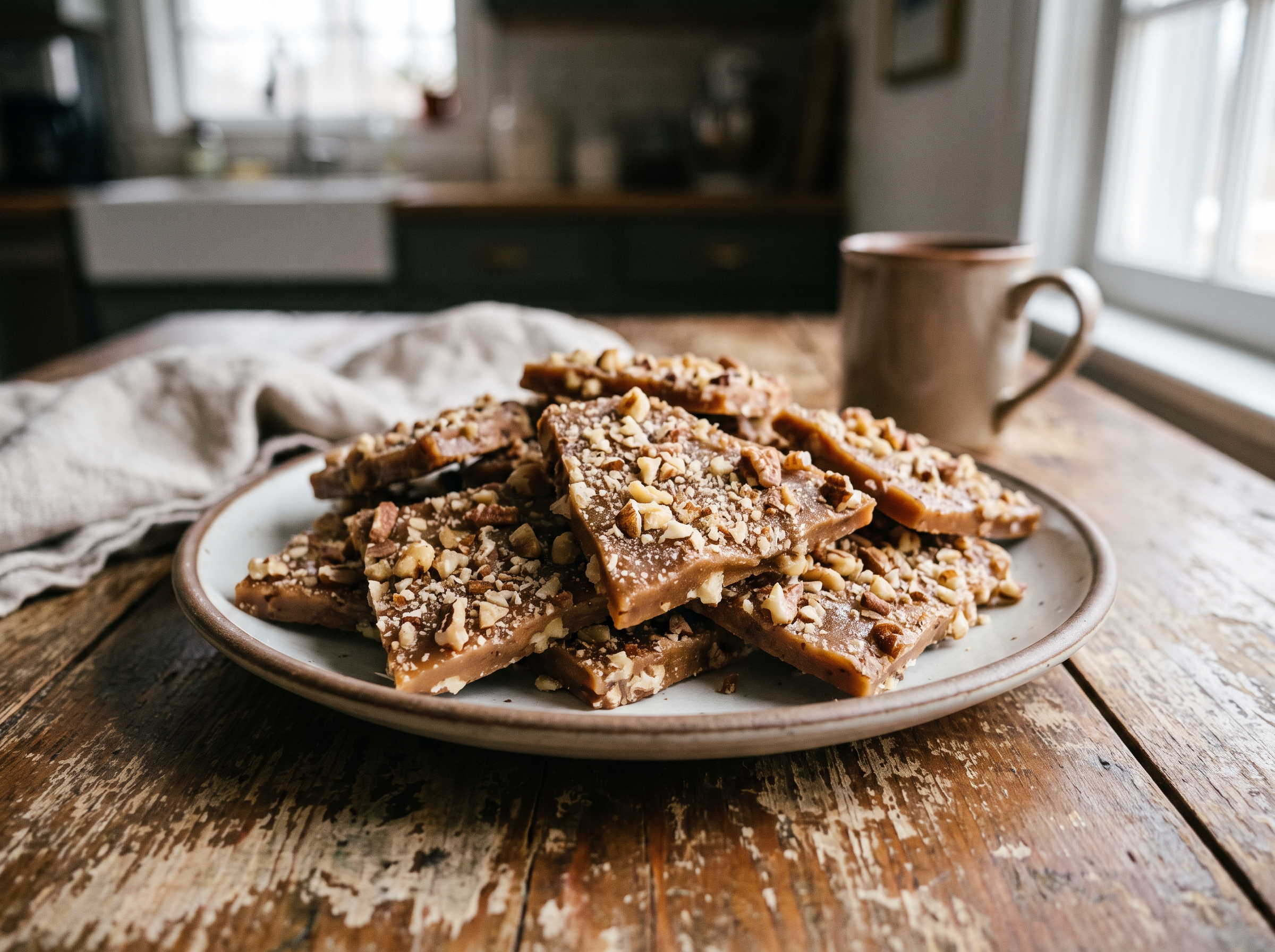 Toffee pieces topped with chopped pecans on a rustic plate