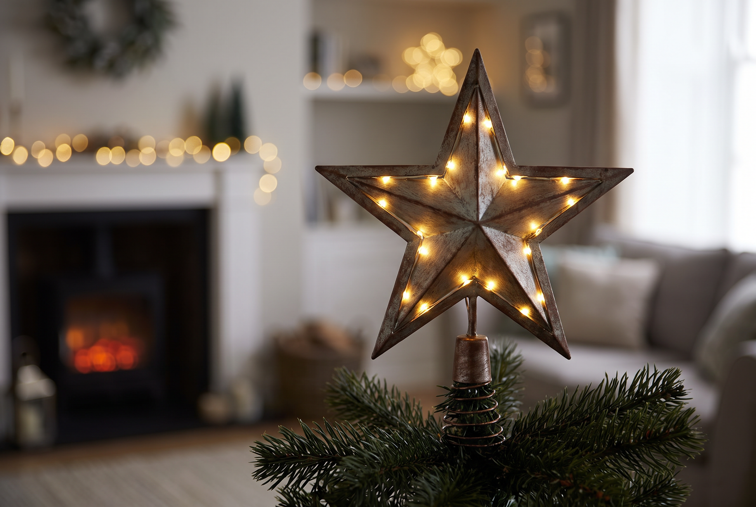 A lit star tree topper in a cozy living room