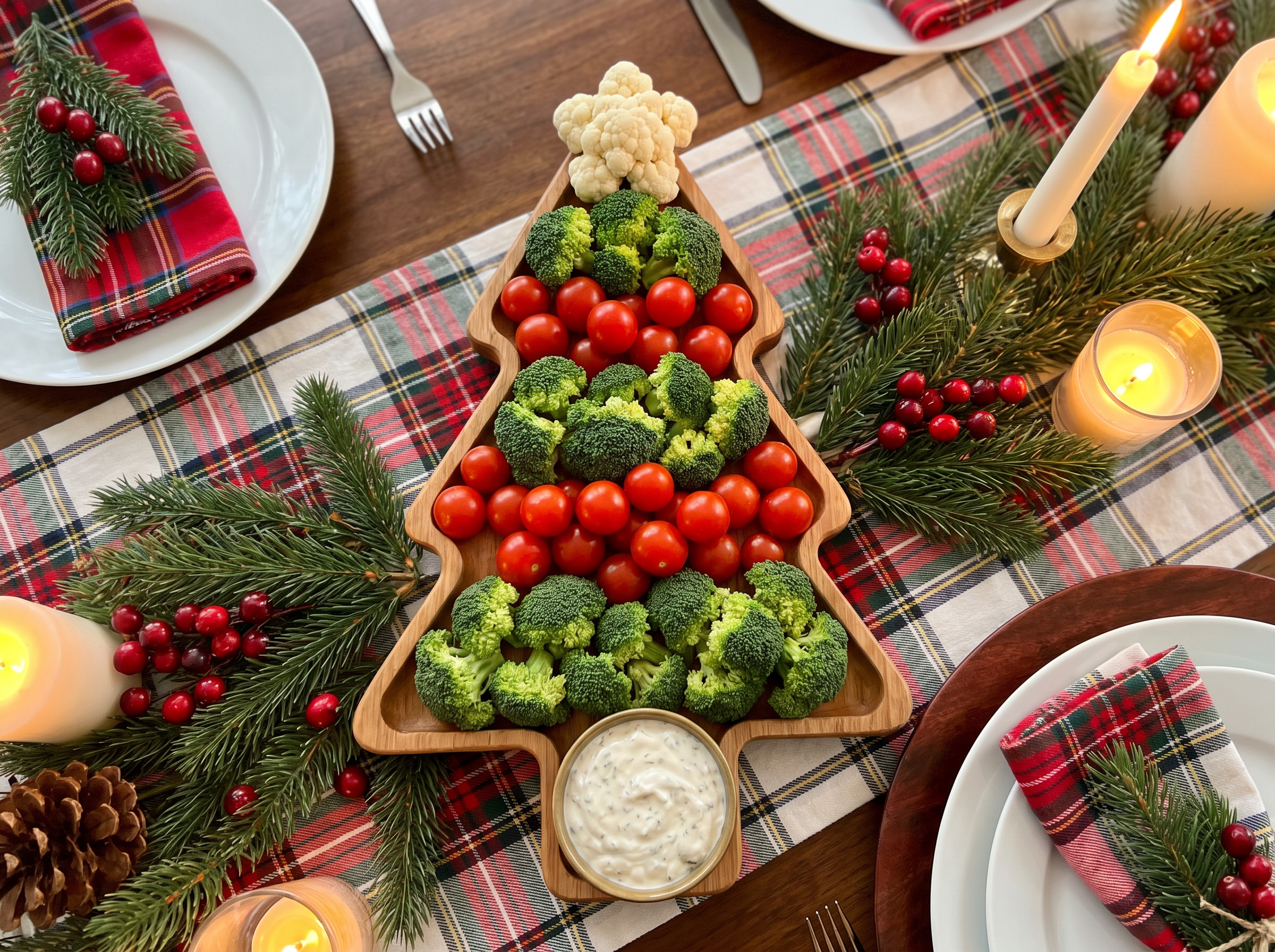 A tree-shaped vegetable tray with broccoli and cherry tomatoes
