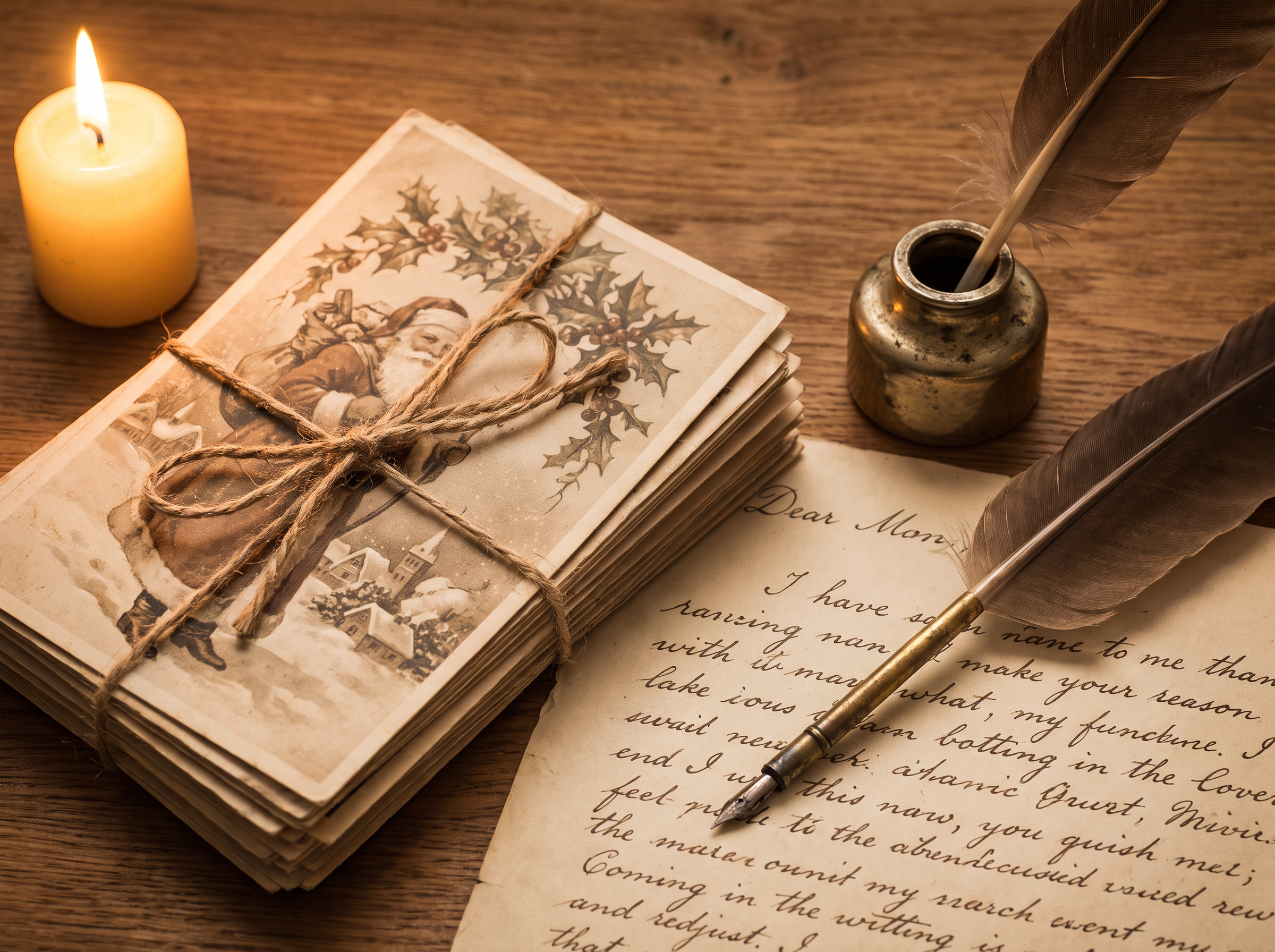 Vintage Christmas cards and a handwritten letter by candlelight