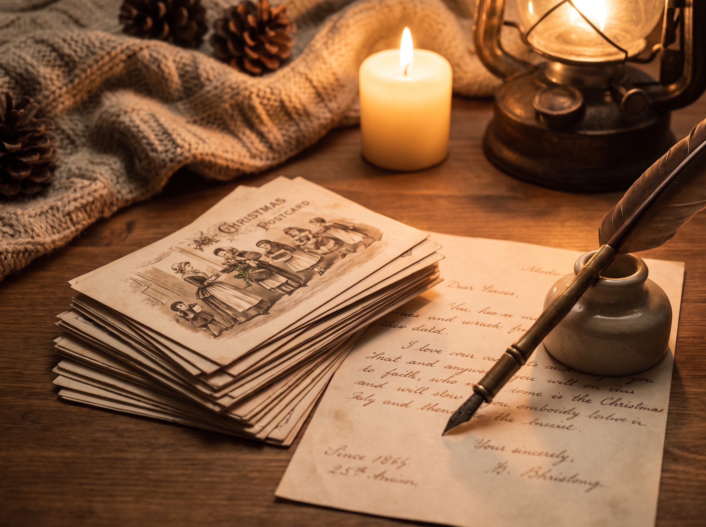 Vintage Christmas postcards tied with twine