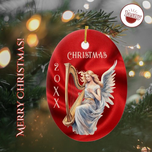 Angel Playing Harp on Red Silk Christmas Ornament