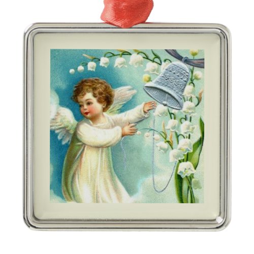 Baby Angel With Blue Bell  Metal Ornament