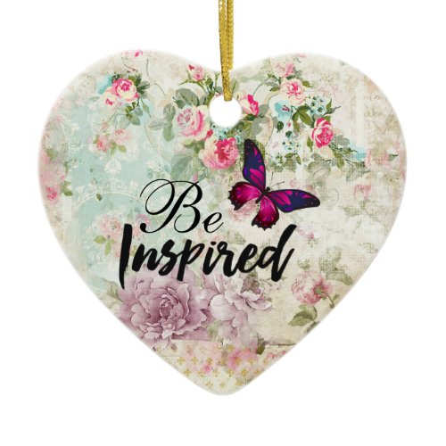 Be Inspired Quote &amp; Pink Butterfly Shabby Collage Ceramic Ornament