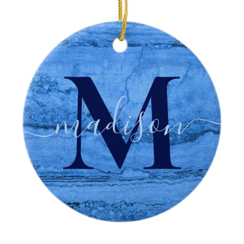 Blue Granite pattern, blue marble stone monogram Ceramic Ornament