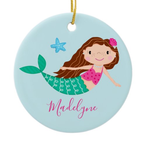 Blue Mermaid Christmas Script Name Ceramic Ornament