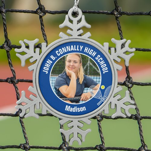 Blue Tennis Player Photo High School Spirit Snowflake Pewter Christmas Ornament