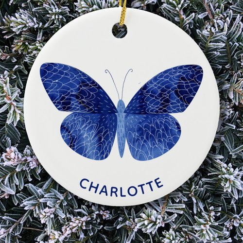 Blue Watercolor Butterfly Personalized Ceramic Ornament