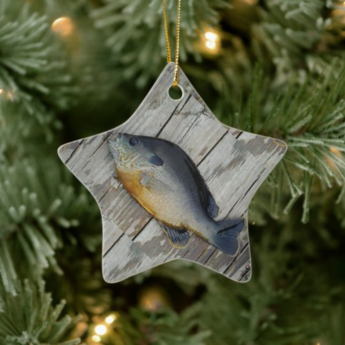 blue yellow purple teal, Bluegill fish on dock Ceramic Ornament