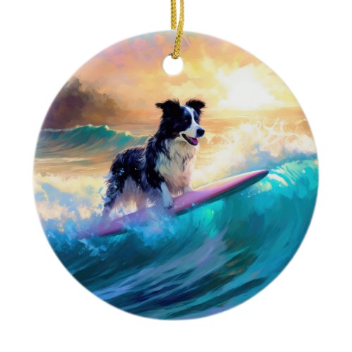 Border Collie Beach Surfing Painting Ceramic Ornament