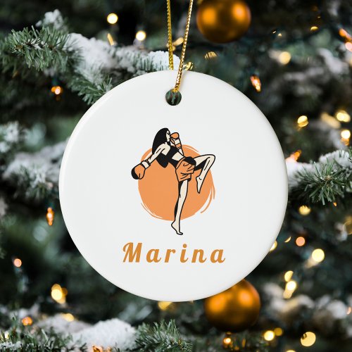 Boxing Martial Arts Girl Boxer Orange Kids Name   Ceramic Ornament
