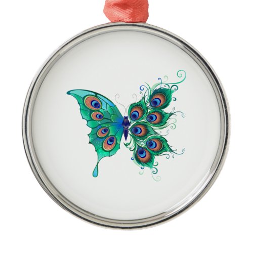 Butterfly with Green Peacock Feathers Metal Ornament