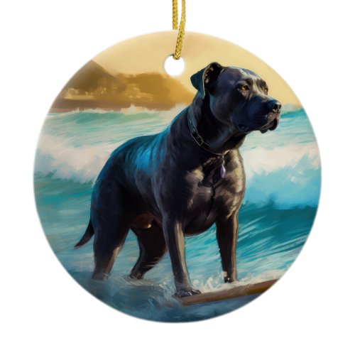Cane Corso Beach Surfing Painting Ceramic Ornament