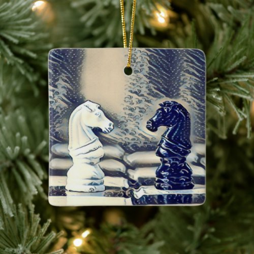 Chess Knights Chess Board Personalized Christmas Ceramic Ornament