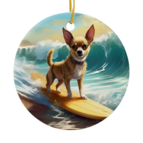 Chihuahua Beach Surfing Painting  Ceramic Ornament