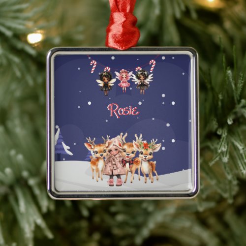 Christmas Girl Reindeer Candy Cane Fairies Metal Ornament