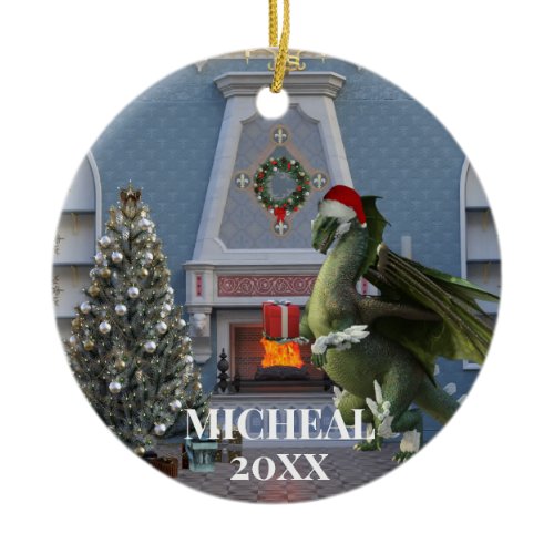 Christmas Santa Dragon Tree Fireplace Scene Ceramic Ornament