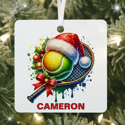 Christmas Tennis Ball &amp; Racket Custom Name Metal Ornament