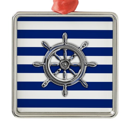 Chrome Like Wheel on Nautical Stripes Metal Ornament
