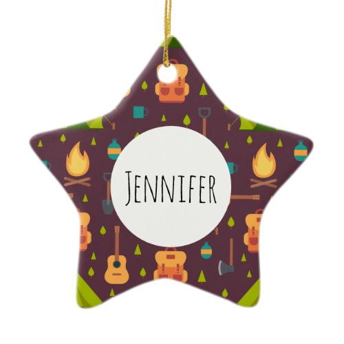 Cool Camping Pattern Outdoorsy Design Ceramic Ornament
