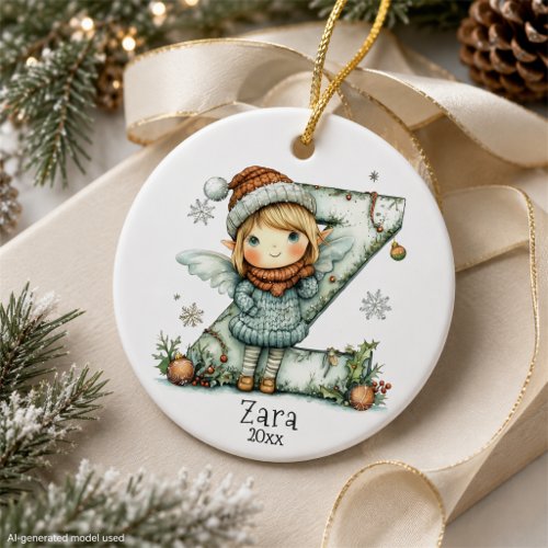 Cozy Fairy Christmas Initial Personalized Holiday  Ceramic Ornament