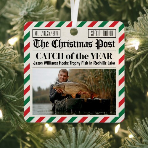 Custom Christmas Fishing Gift, Newspaper Fisherman Metal Ornament