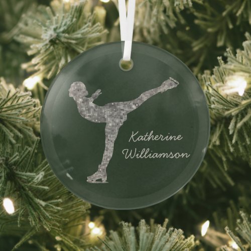 Custom Figure Skating Ice Skating Silver Shimmer Glass Ornament