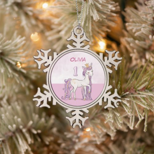 Custom Name 1st Birthday Pink Horse With Crown Snowflake Pewter Christmas Ornament