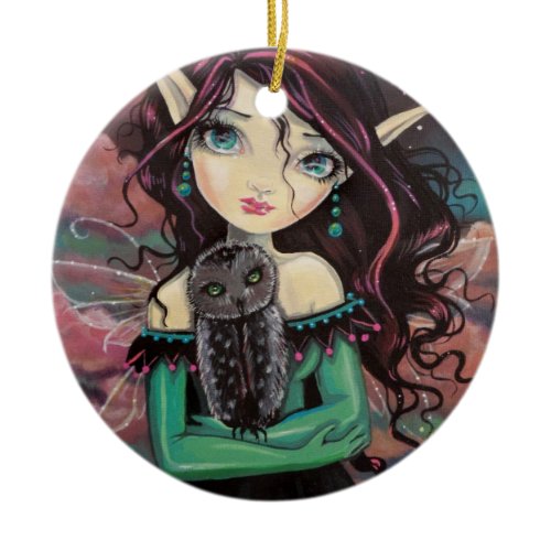 Cute Big-Eye Gothic Fairy and Owl Ceramic Ornament