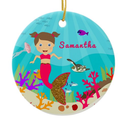 Cute Mermaid Girl in Colorful Ocean Ceramic Ornament