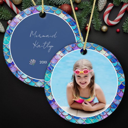 Cute Mermaid Pattern Photo &amp; Name Girls Christmas Ceramic Ornament