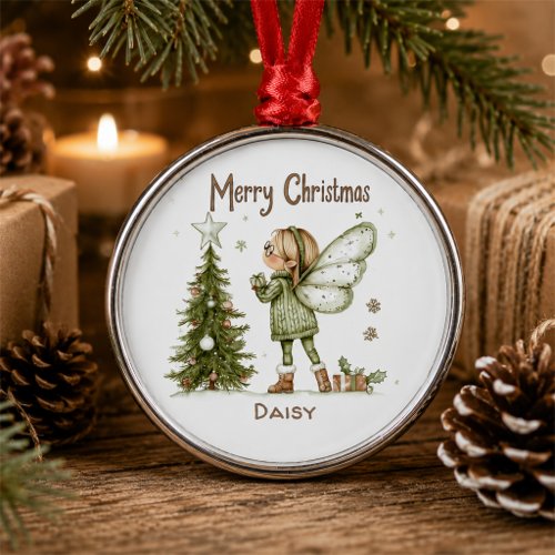 Cute Personalized Christmas Fairy and Tree  Metal Ornament