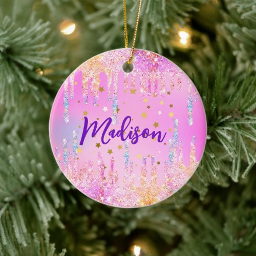 Cute Rainbow unicorn pink Glitter Drips monogram Ceramic Ornament