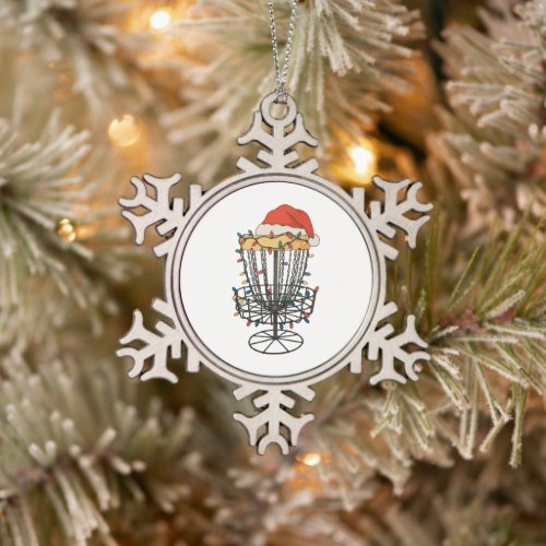 Disc Golf Basket Santa Hat Christmas Lights Xmas Snowflake Pewter Christmas Ornament