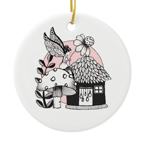 Enchanted fairy And Fairy House Ceramic Ornament
