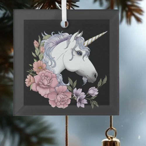 Enchanted White Unicorn Flowers Pink Roses Glass Ornament