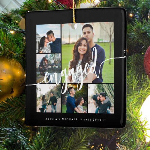 Engagement photo collage modern script ceramic ornament