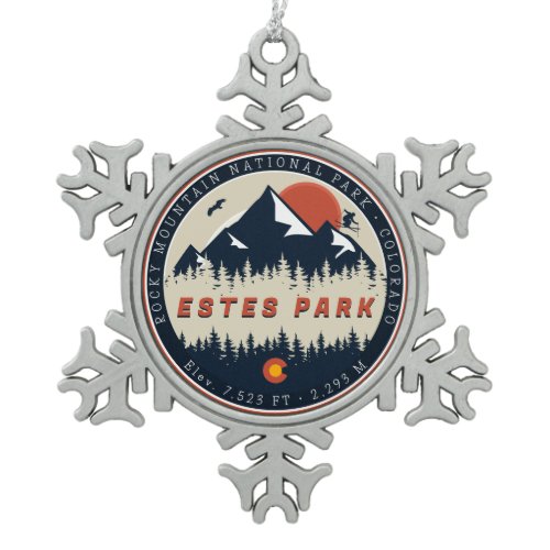 Estes Park Colorado Mountain Ski Vintage Snowflake Pewter Christmas Ornament