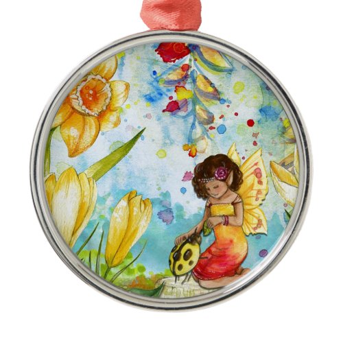 Fairy watercolour illustration whimsical metal ornament