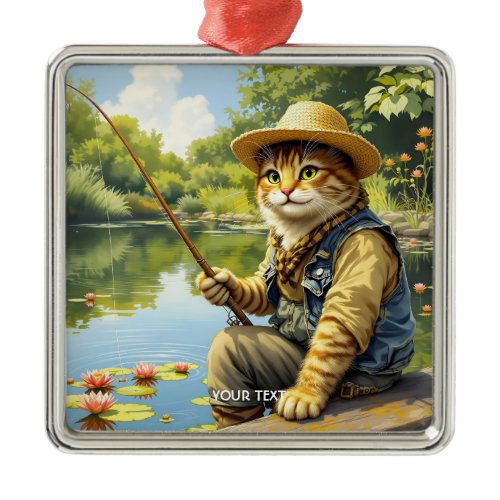 Fantasy Cute Lake Cat Fishing Metal Ornament